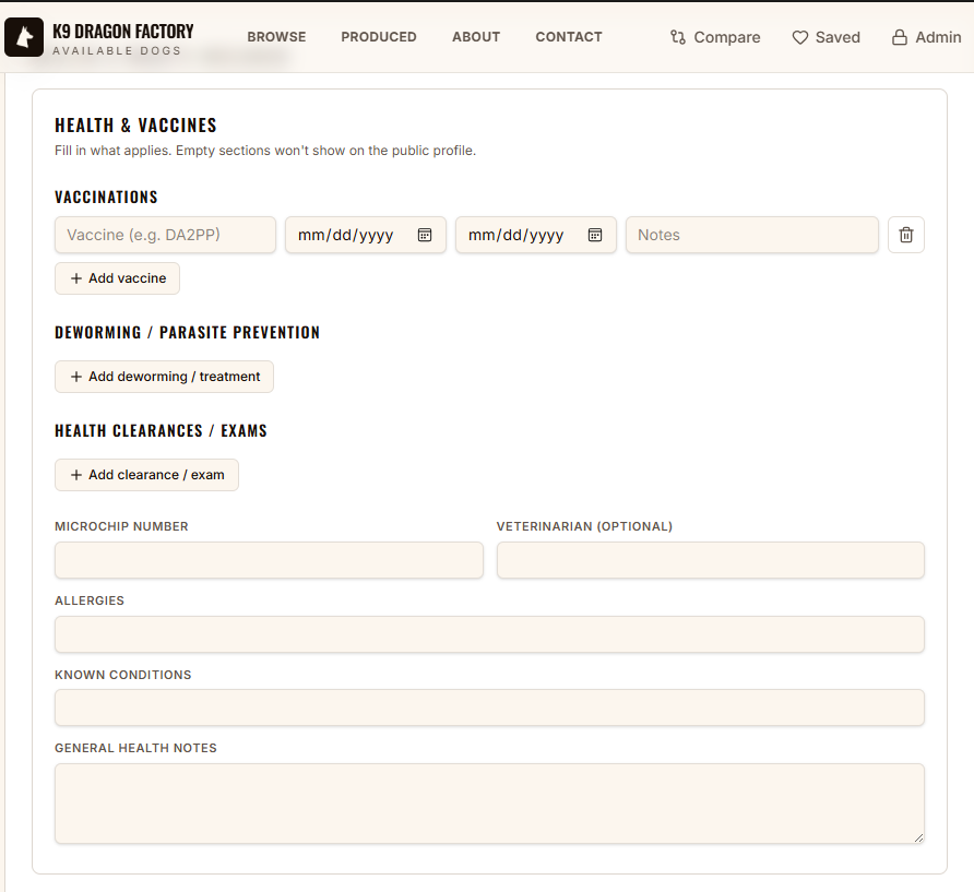 Health & Vaccines editor inside the seller dashboard, showing vaccinations, deworming, clearances, microchip, and notes fields.